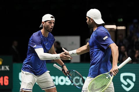 Davis Cup Tennis, Italy vs Brazil: Italy's Andrea Vavassori and Simone Bolelli celebrate during match against Brazil's Rafael Matos and Marcelo Melo